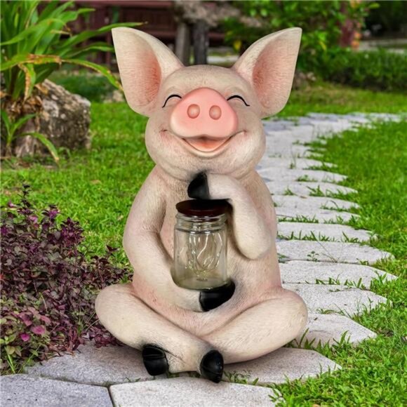 Exhart Solar Pig Garden Statue LED Firefly Jar Durable Resin Cute Yard